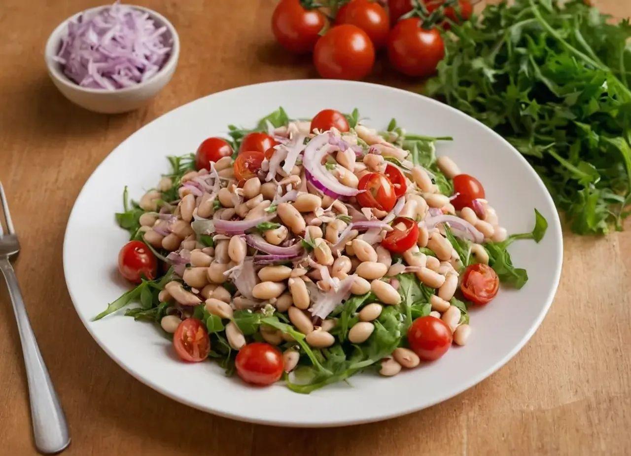 Бобена салата с риба тон, червен лук и домати