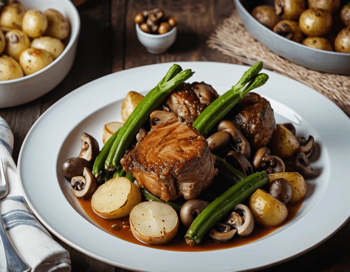 Свински джолан с бамя, гъби и картофи